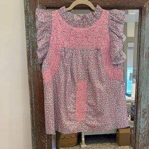 J. Marie Floral Ruffle Blouse in Pink and Blue - size S EUC